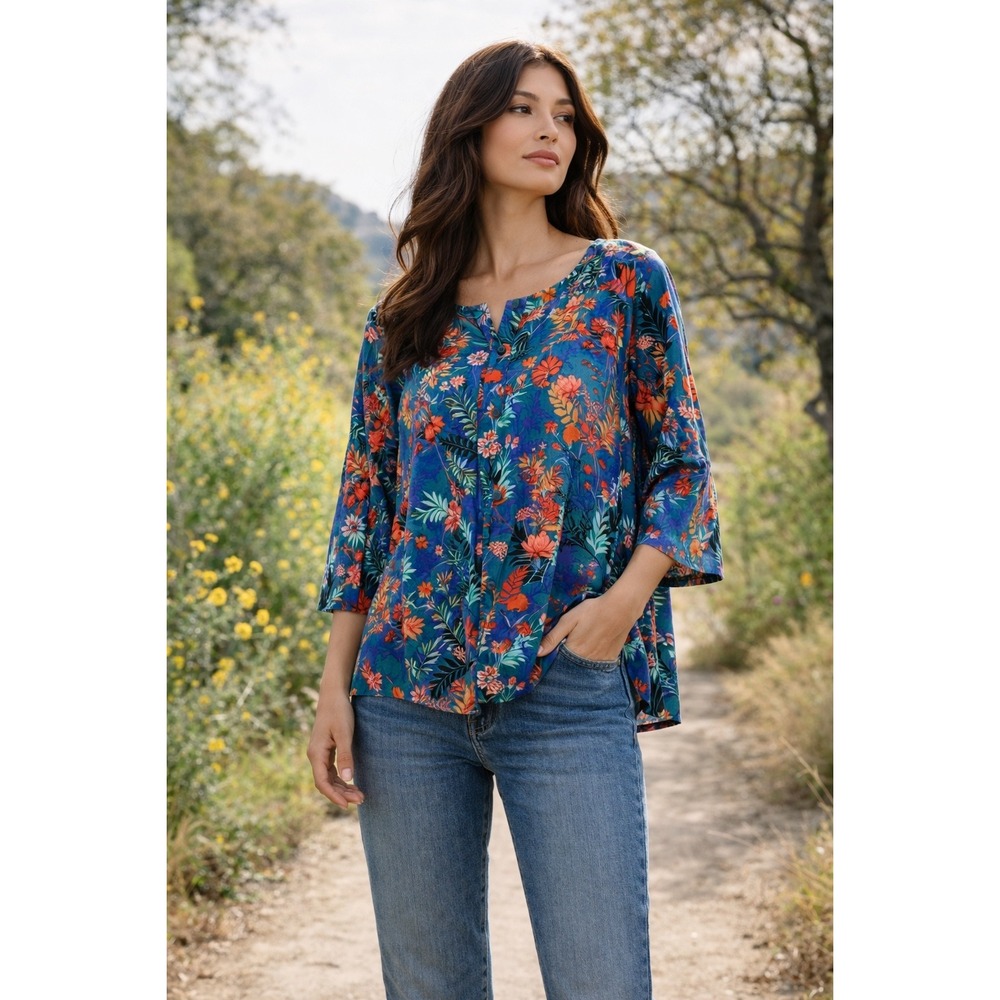 Soft Surroundings Teal Floral Print Button Front Long Sleeve‎ Tunic Top Size M